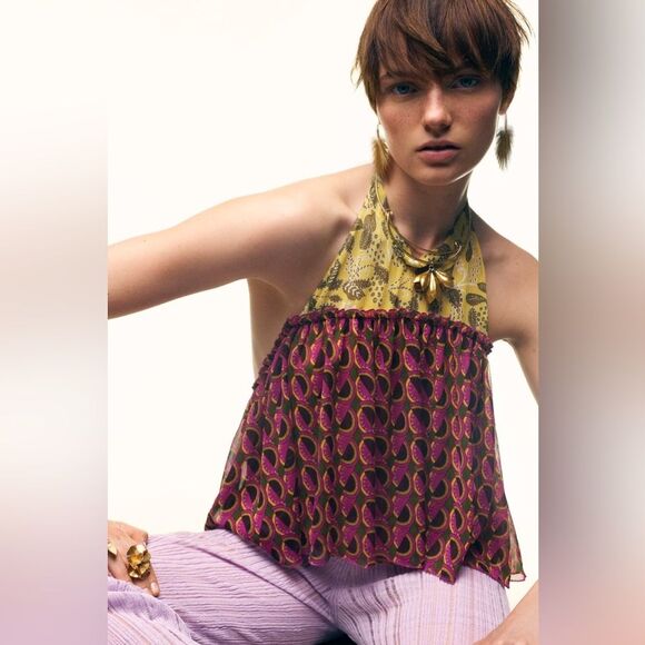 Zara Chemise Printed Multicolored Halter Top NWOT - Picture 1 of 13